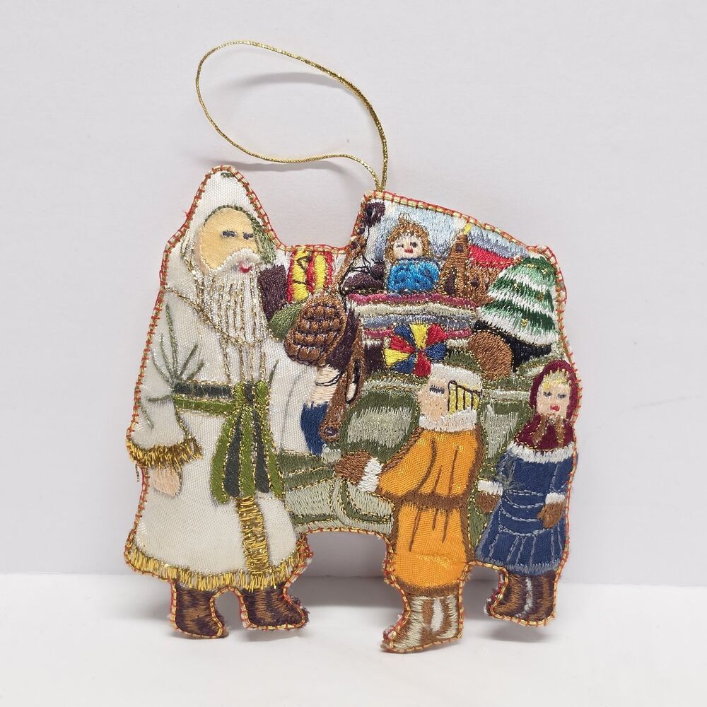 Vintage Pottery Barn Silk Embroidered Santa Claus With Kids Christmas Ornament